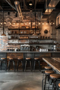 the interior of a restaurant with wooden tables and bar stools, exposed brick walls