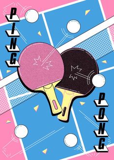 two ping pong paddles on top of a pink and blue table tennis court