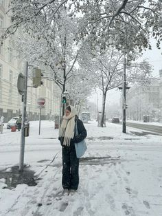 a woman standing in the snow next to a street sign and tree with snow on it