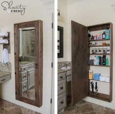 a bathroom with two mirrors and shelves on the wall next to each other in front of an open door