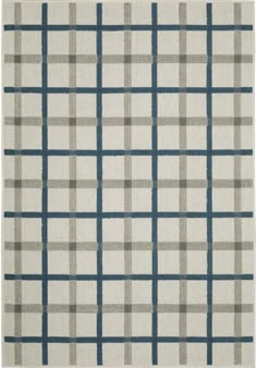 an area rug with grey and blue squares on the side, in front of a white background