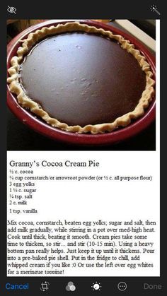 an image of a chocolate cream pie in a red pan on a table with the recipe below it