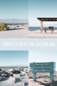 there is a bench and a sign on the side of the road that says things to do at the salon sea