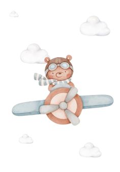 a watercolor drawing of a teddy bear flying in an airplane