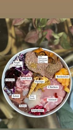 a bowl filled with meat and vegetables on top of a table