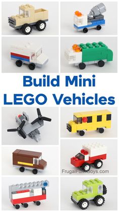 the instructions for building lego vehicles are shown in multiple pictures, with text overlaying them