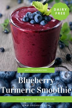 blueberry turmeric smoothie recipe in a glass with fresh berries on the side