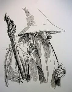 a black and white drawing of a wizard holding a wand in one hand and wearing a hat on the other