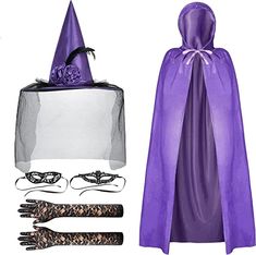 a purple wizard hat, cape and gloves