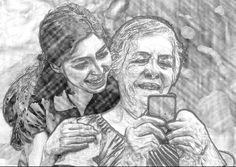 a drawing of two women taking a selfie in the rain with their cell phone