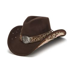 The MOLLY hat is designed with the utmost craftsmanship. Featuring a classic wool felt material and genuine leather band, the MOLLY is from the Stampede Collection. A floral design is featured on the band and buckle, with studs under the curved brim for extra detail. The hat boasts a 4-inch brim for protection from the sun. Rhinestone Cowboy Hat, Brown Cowboy Hat, Felt Cowboy Hat, Rhinestone Cowboy, Trending Hats, Peach And Gold, Outback Hat, Black Cowboys, Felt Cowboy Hats