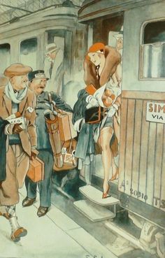 a painting of people boarding a train with luggage