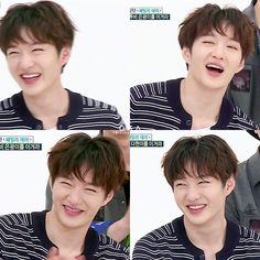 four pictures of the same person with different facial expressions and hair styles, all smiling