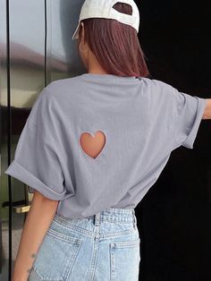 Hollow Out Heart Round Neck Oversized T-Shirt Purple Casual  Half Sleeve Fabric Geometric,Plain  Slight Stretch  Women Clothing, size features are:Bust: ,Length: ,Sleeve Length: Oversize Tshirt Outfits, 1980's Fashion, Cute Shirt Designs, Custom Printed Shirts, 1990's Fashion, Coffee Shirts, Asian Outfits, Tshirt Outfits, Women T Shirts