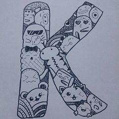 the letter k is made up of many different cartoon faces and shapes in black ink