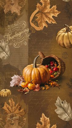 a thanksgiving card with pumpkins, leaves and gourds on the ground in front of a brown background