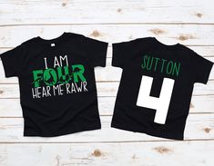 two t - shirts that say i am four and hear me rawr