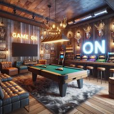 Immerse yourself in the robust environment of a rustic man cave featuring a modern pool table, a gigantic TV, home bar, and vintage arcade games. Enjoy the perfect blend of earthy ambiance and hi-tech amusement. #mancave #homedecor #interiordesign #rusticstyle #hometech #gamenight. Rustic Games Room, Modern Farmhouse Game Room, Western Game Room, Tiny Man Cave, Party Room Design, Basement Man Cave Ideas, Rustic Game Room, Home Gaming Room, Man Cave Barn