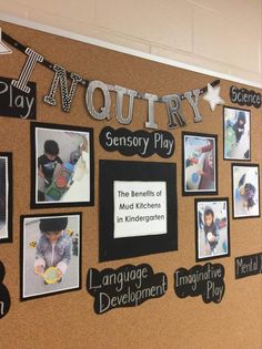 a bulletin board with pictures and words on it