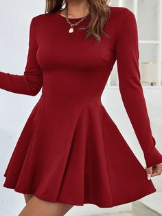 Plus Size Women's Spring And Summer Solid Color Crew Neck Long Sleeve Fitted Elegant Short Dress Red Casual  Long Sleeve Knitted Fabric Plain A Line Slight Stretch  Women Plus Clothing, size features are:Bust: ,Length: ,Sleeve Length: Elegant Dresses Short, Dress Elegant Long, Vestido Plus Size, Dress For Spring, Mini Robes, Flare Mini Dress, Mini Dresses For Women, Ruffle Hem Dress, Knee Dress