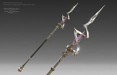 two metal swords with pink crystals on them