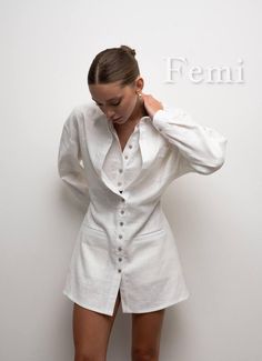 Feminine Boutique- is a women's clothing brand creating elegant formal outfits for confident women. Our designs highlight femininity and refined taste in every detail. Model "Barba" Description: - Fabric: linen 80%, cotton 20%. - Shirt-Dress: double top, button down shirt with pocket. Measurements for size S|M. -Back Length: 80/80 cm (31.5/31.5 in)   -Sleeve Length: 55/56 cm (21.7/22.0 in)   -Shoulder: 20/21 cm (7.9/8.3 in)   -Bust: Up to 88/92 cm (34.6/36.2 in)   -Waist: Up to 68/76 cm (26.8/29 White Long Sleeve Shirt Dress, Shirt Dress Mini, White Long Sleeve Shirt, Confident Woman, White Shirt Dress, Mini Shirt Dress, Dress Mini, Formal Outfit, Long Sleeve Shirt Dress