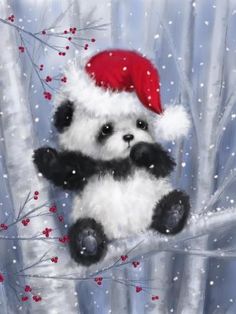 a panda bear wearing a santa hat sitting on a tree branch