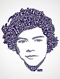 an image of a man's face with words all over it in purple and white