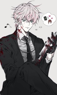 a man in a suit holding a knife and thought bubble above his head with blood all over it