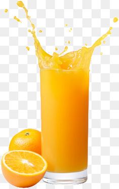 an orange juice splashing into a glass, with the fruit in front of it