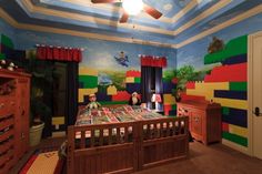 a child's bedroom decorated in legos