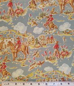 the fabric is very colorful and has an image of men on horseback in the sky