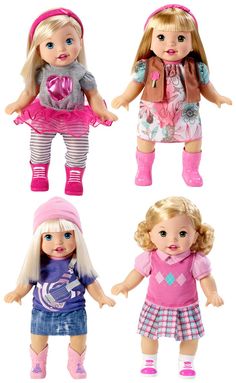 four dolls are shown in three different poses