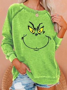 Green Casual Graphic Tops Round Neck Long Sleeve Grinch Printed Sweatshirts Raglan Sleeve Sweatshirt, Loose Fit Sweater, Oversize Pullover, Pullover Mode, Loose Pullover, Round Neck Sweaters, Loose Sweater, Hooded Sweater, Long Hoodie