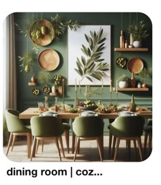 a dining room with green chairs and plates on the wall next to a wooden table