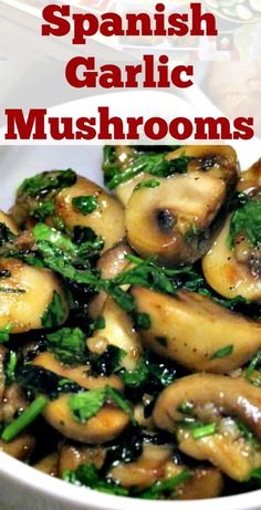 a white bowl filled with mushrooms and spinach