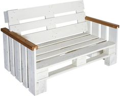 a white bench with wooden slats on it