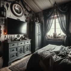 an old fashioned bedroom is decorated in black and white