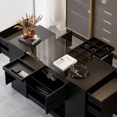 an office desk with two drawers and a glass top