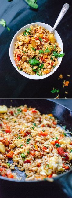 two pictures of food being cooked in a skillet and on the stove top, one with rice and vegetables