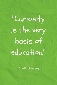 a green poster with the quote curiosity is the very basis of education