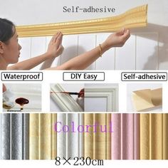 different types of curtains being hung on the wall with pictures and text above them that read self - adhesive waterproof diy easy self - adhesive