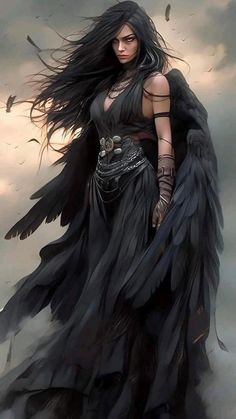 a woman with long black hair and wings on her shoulders is standing in the clouds