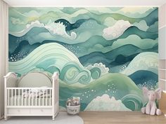 a baby's room with a wall mural and crib in the foreground