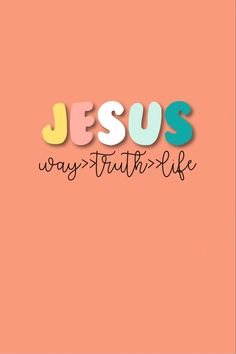 the word jesus is written in colorful letters on an orange and pink background with black lettering