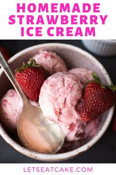 three scoops of ice cream with strawberries in the bowl next to one another