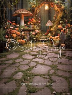 an image of a garden scene with mushrooms and flowers in the background that says sandy logs