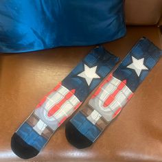 Nwot Captain America Print Socks. One Size Fits All. Length Is Approximately At The Middle Of The Lower Leg. Very Soft. Been Washed, But Never Worn. Good Elasticity, Shouldn’t Fall Down When Worn. Marvel Accessories, Print Socks, Lower Leg, Kids Accessories, Captain America, One Size Fits All, Blue Black, Tights, Socks