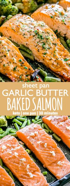 sheet pan garlic butter baked salmon with green beans and broccoli on the side