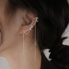 Color: One Right Ear Star Moon Hanging Earrings (White Gold Color) Fashion Element: Moon Style: Sweet and Cool Style Cute Earrings Aesthetic, Night Jewelry, Moon Hanging, Cute Promise Rings, Jewelry Necklace Simple, Stained Glass Earrings, Hanging Earring, Pop Jewelry, Cute Ear Piercings